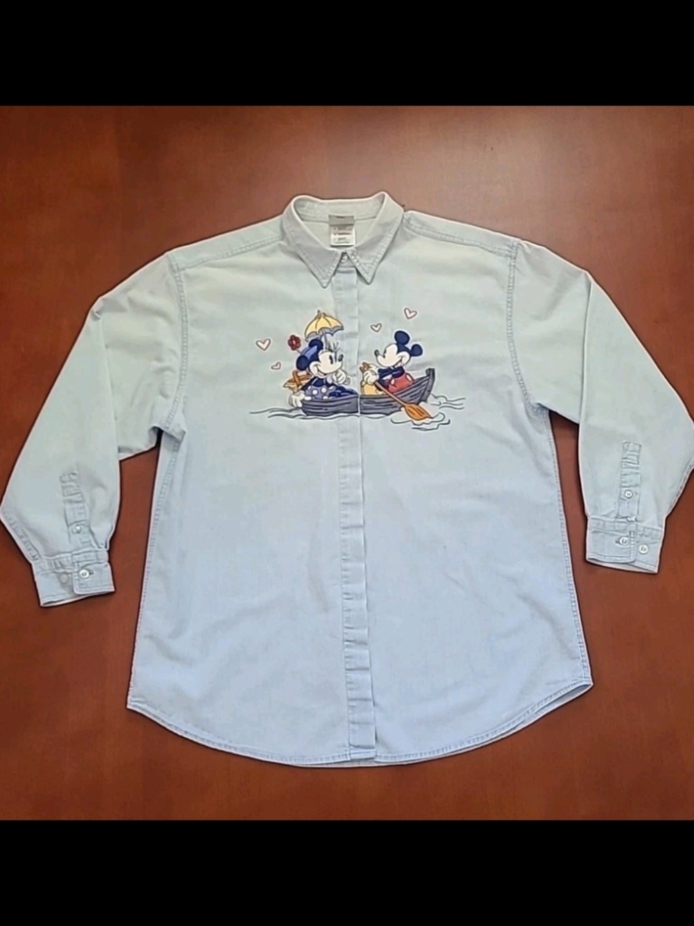 VTG Disney Store Large Embroidered Denim Shirt Mickey/ Minnie Mouse Rowing Boat